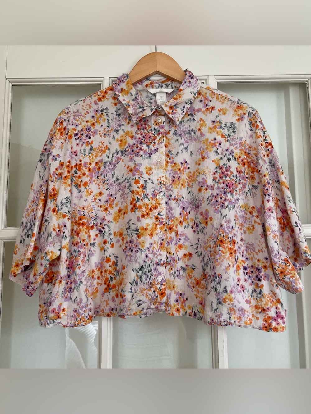 H&M 100% linen cropped floral print short sleeve boxy button up blouse Large L